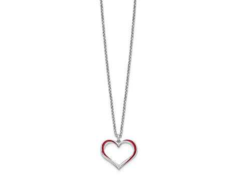 Sterling Silver Rhodium-plated Red Enamel Heart with 1-inch Extension Necklace