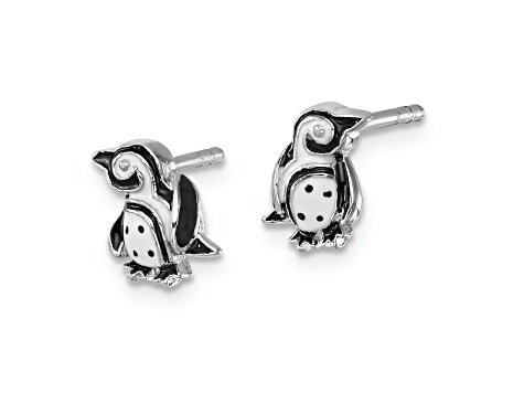 Rhodium Over Sterling Silver Polished Enamel Penguin Post Earrings