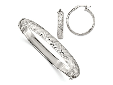 Sterling Silver Diamond-cut 7.5mm Bangle and 5mm Hoop Earring Set