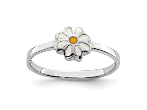 Rhodium Over Sterling Silver White and Yellow Enameled Daisy Children's Ring