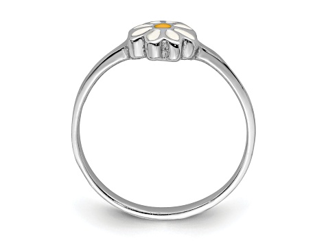 Rhodium Over Sterling Silver White and Yellow Enameled Daisy Children's Ring