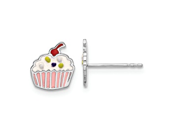 Picture of Rhodium Over Sterling Silver Enamel Cupcake Children's Post Earrings