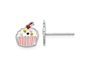 Rhodium Over Sterling Silver Enamel Cupcake Children's Post Earrings