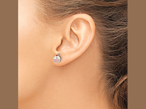 Rhodium Over Sterling Silver Enamel Cupcake Children's Post Earrings