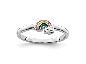 Rhodium Over Sterling Silver Multi-color Enameled Rainbow Children's Ring