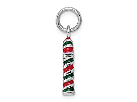 Rhodium Over Sterling Silver Enamel Large Candy Cane Charm