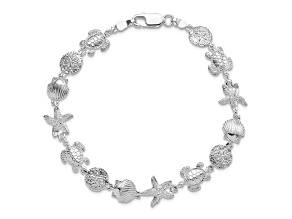 Rhodium Over Sterling Silver Polished and Textured Sea Life Bracelet