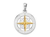 Rhodium Over Sterling Silver Small Compass with 14k Yellow Gold Needle Pendant