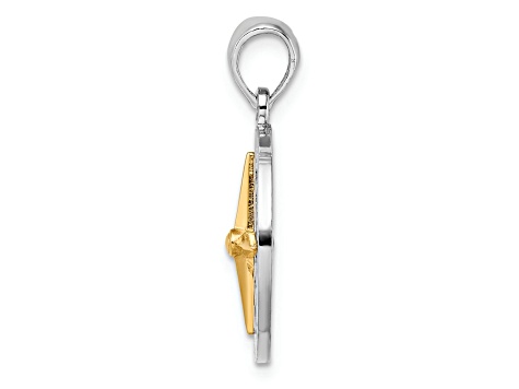 Rhodium Over Sterling Silver Small Compass with 14k Yellow Gold Needle Pendant