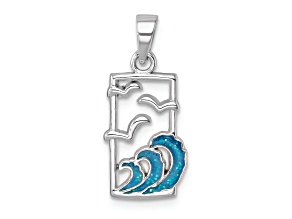 Rhodium Over Sterling Silver Polished Sea Gull and Enameled Wave Pendant