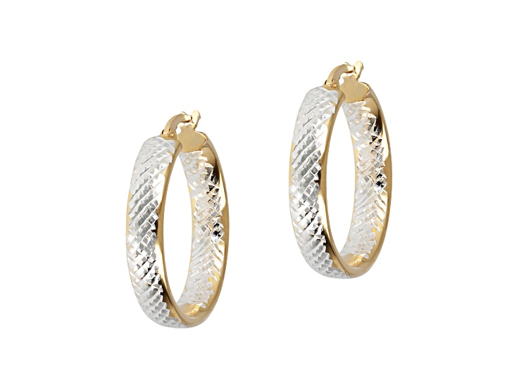 Sterling Silver and 18K Yellow Gold Over Sterling Silver Diamond Cut Two-tone 1" Hoop Earrings