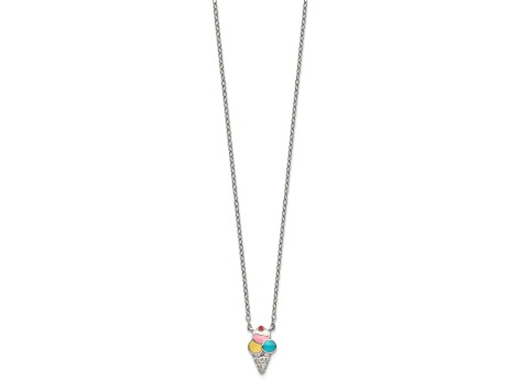 Rhodium Over Sterling Silver Enamel Ice Cream Cone with 2-inch Extension Childs Necklace