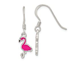 Rhodium Over Sterling Silver Black/Pink Enamel Flamingo Children's Dangle Earrings