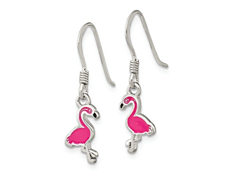Rhodium Over Sterling Silver Black/Pink Enamel Flamingo Children's Dangle Earrings
