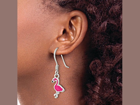 Rhodium Over Sterling Silver Black/Pink Enamel Flamingo Children's Dangle Earrings