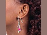 Rhodium Over Sterling Silver Black/Pink Enamel Flamingo Children's Dangle Earrings