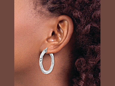 Rhodium Over Sterling Silver 3x33mm Diamond-Cut Twisted Tube