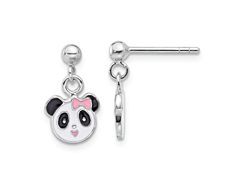 Rhodium Over Sterling Silver Enameled Panda Children's Post Dangle Earrings