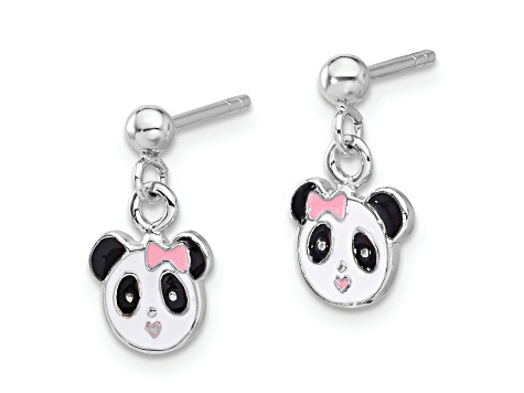Rhodium Over Sterling Silver Enameled Panda Children's Post Dangle Earrings