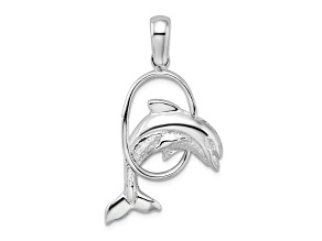 Rhodium Over Sterling Silver Dolphin Jumping Through Hoop Pendant