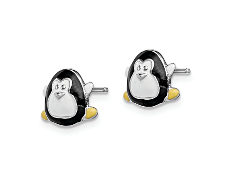 Rhodium Over Sterling Silver Enamel Penguin Child's Post Earrings