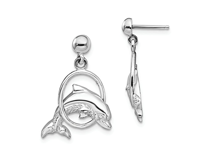 Rhodium Over Sterling Silver Dolphin in Hoop Dangle Post Earrings