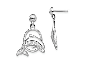 Rhodium Over Sterling Silver Dolphin in Hoop Dangle Post Earrings