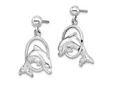 Rhodium Over Sterling Silver Dolphin in Hoop Dangle Post Earrings