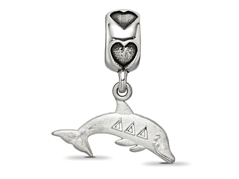 Rhodium Over Sterling Silver LogoArt Delta Delta Delta Dolphin on Heart Bead