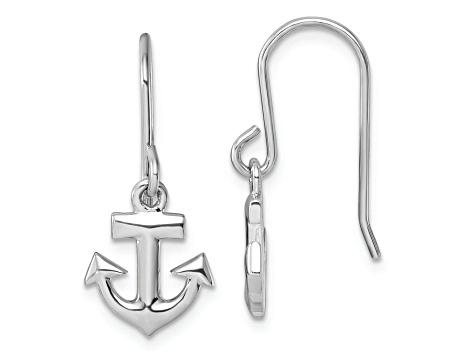 Rhodium Over Sterling Silver Polished Anchor Dangle Earrings