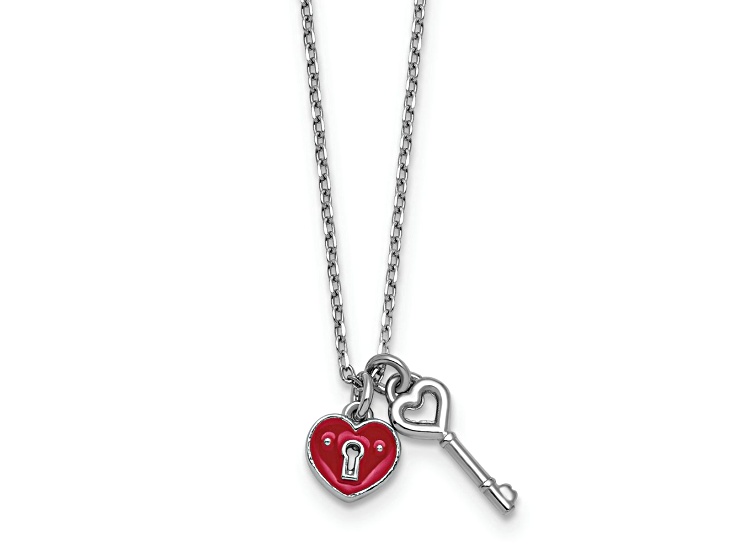 Rhodium Over Sterling Silver Enamel Heart Lock with Key 16-inch with 1-inch Extension Necklace