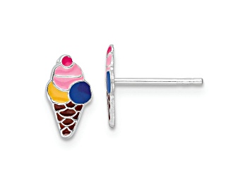 Picture of Rhodium Over Sterling Silver Enamel Kids Ice Cream Cone Post Earrings