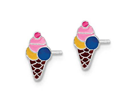 Rhodium Over Sterling Silver Enamel Kids Ice Cream Cone Post Earrings