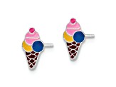 Rhodium Over Sterling Silver Enamel Kids Ice Cream Cone Post Earrings