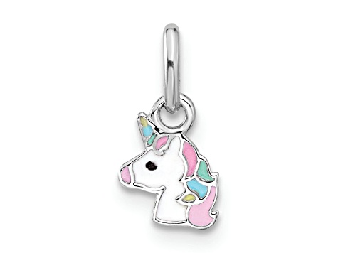 Rhodium Over Sterling Silver Children's Enamel Unicorn Pendant