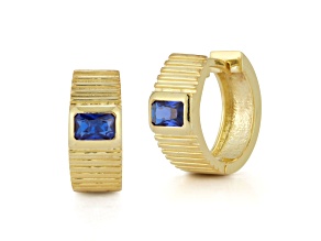 Sterling Statements 14K Yellow Gold Over Sterling Silver Blue CZ Small Ribbed Huggie Hoops