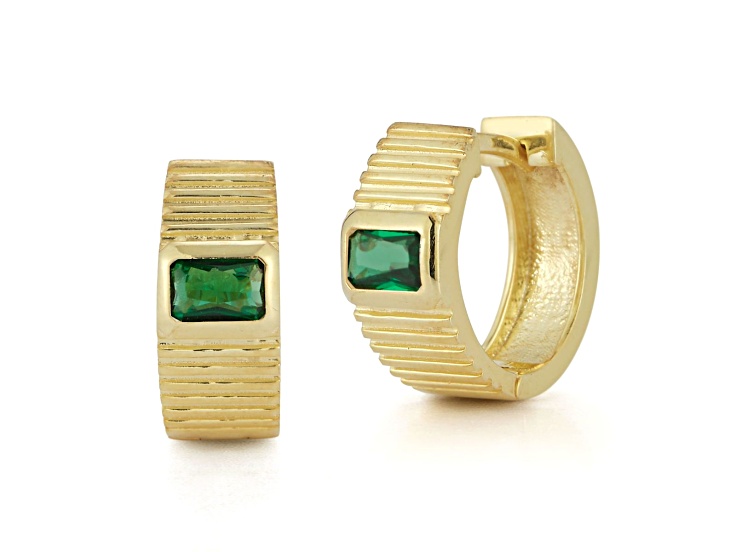 Sterling Statements 14K Yellow Gold Over Sterling Silver Green CZ Small Ribbed Huggie Hoops