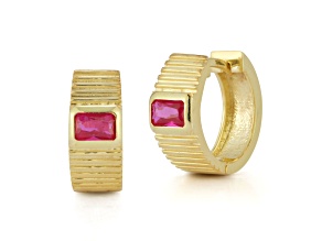 Sterling Statements 14K Yellow Gold Over Sterling Silver Red CZ Small Ribbed Huggie Hoops