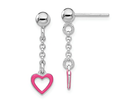 Sterling Silver Pink Enamel Heart Post Dangle Earrings