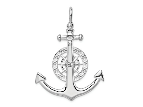 Rhodium Over Sterling Silver Polished 3D Large Anchor with Compass Pendant