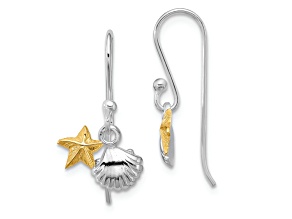 Rhodium Over Sterling Silver Two-tone Starfish and Shell Dangle Earrings