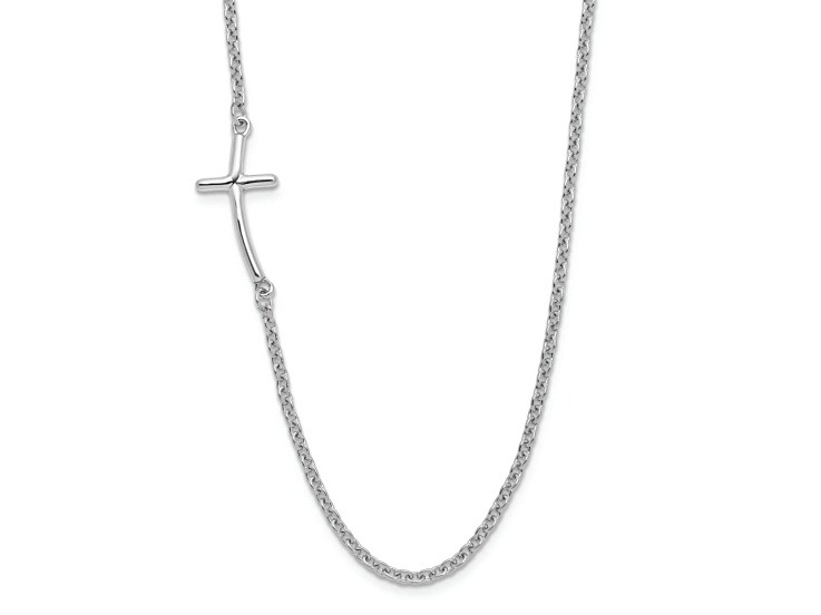 Rhodium Over Sterling Silver Small Off-Set Sideways Curved Cross Necklace