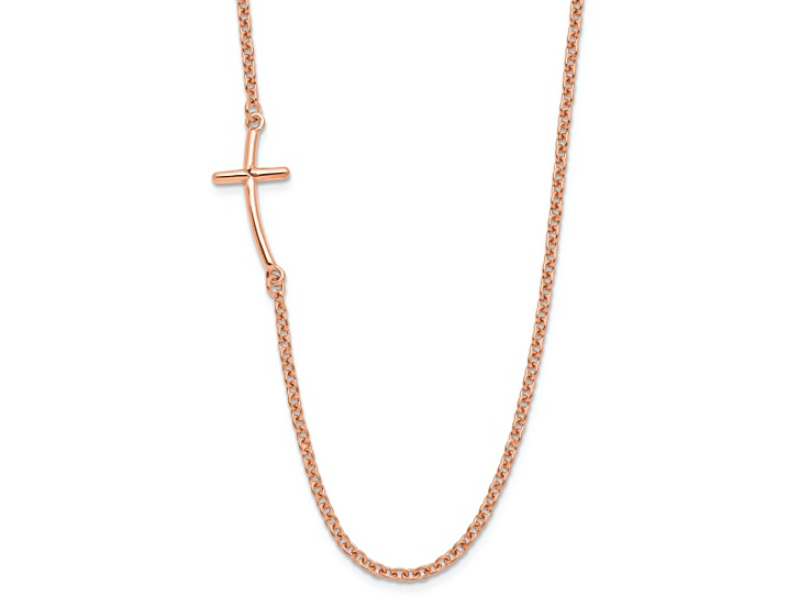 10K Rose Gold Over Sterling Silver Small Off-Set Sideways Curved Cross Necklace