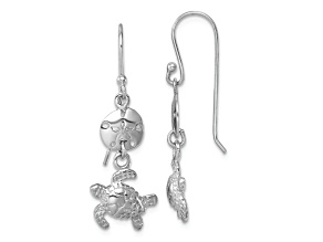 Rhodium Over Sterling Silver Sand Dollar And Turtle Dangle Earrings