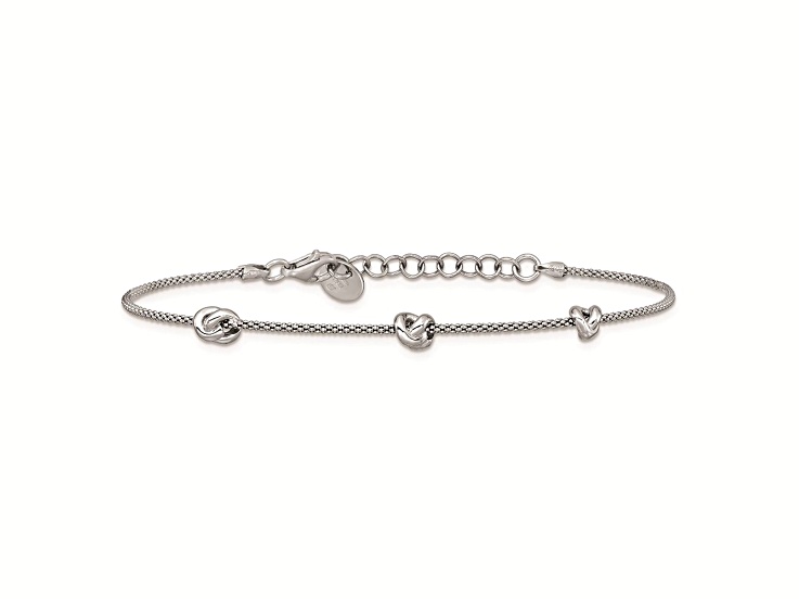 Rhodium Over Sterling Silver Polished Love Knot with 1-inch Extension Bracelet