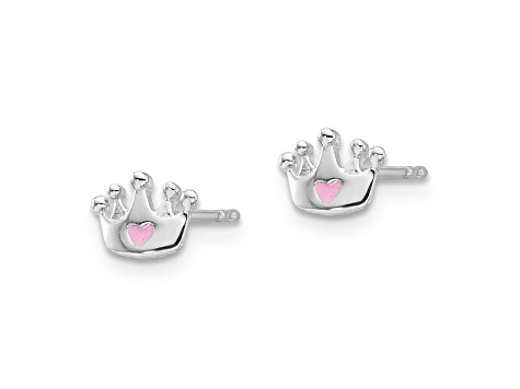 Rhodium Over Sterling Silver Pink Enamel Heart Crown Children's Post Earrings