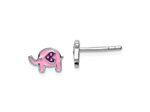 Rhodium Over Sterling Silver Childs Enameled Pink Elephant Post Earrings