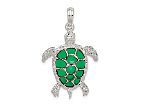 Rhodium Over Sterling Silver Polished Enameled Green Sea Turtle Pendant