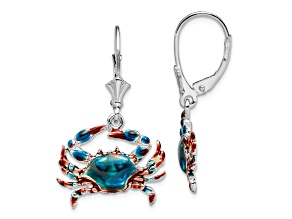 Rhodium Over Sterling Silver Enameled Blue Crab Leverback Earrings