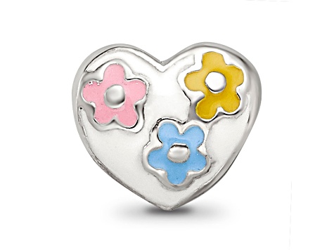 Sterling Silver Kids Enameled Heart with Flowers Bead
